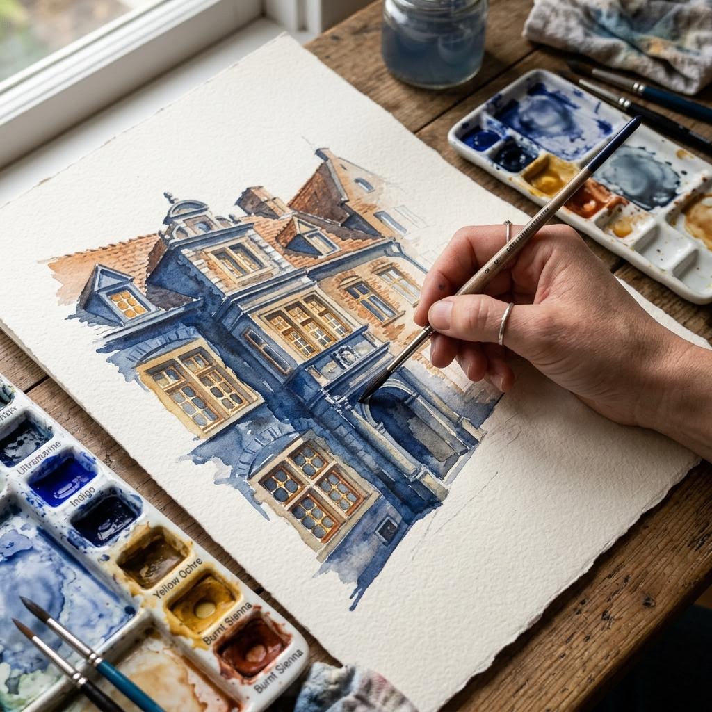 Рисование старинного здания акварелью