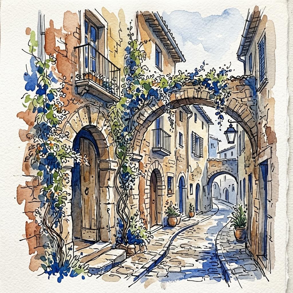 Акварельный рисунок каменной арки
