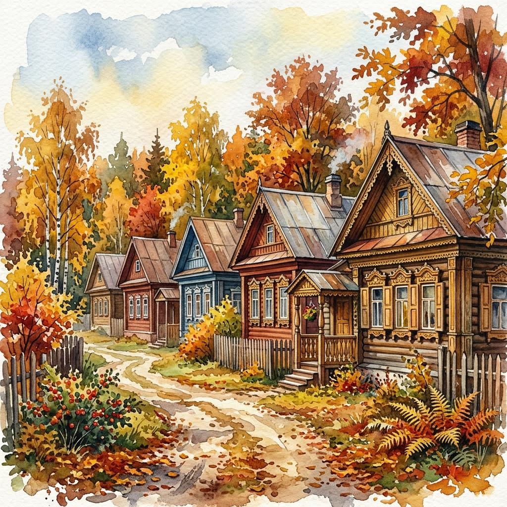Акварельный рисунок деревянного дома