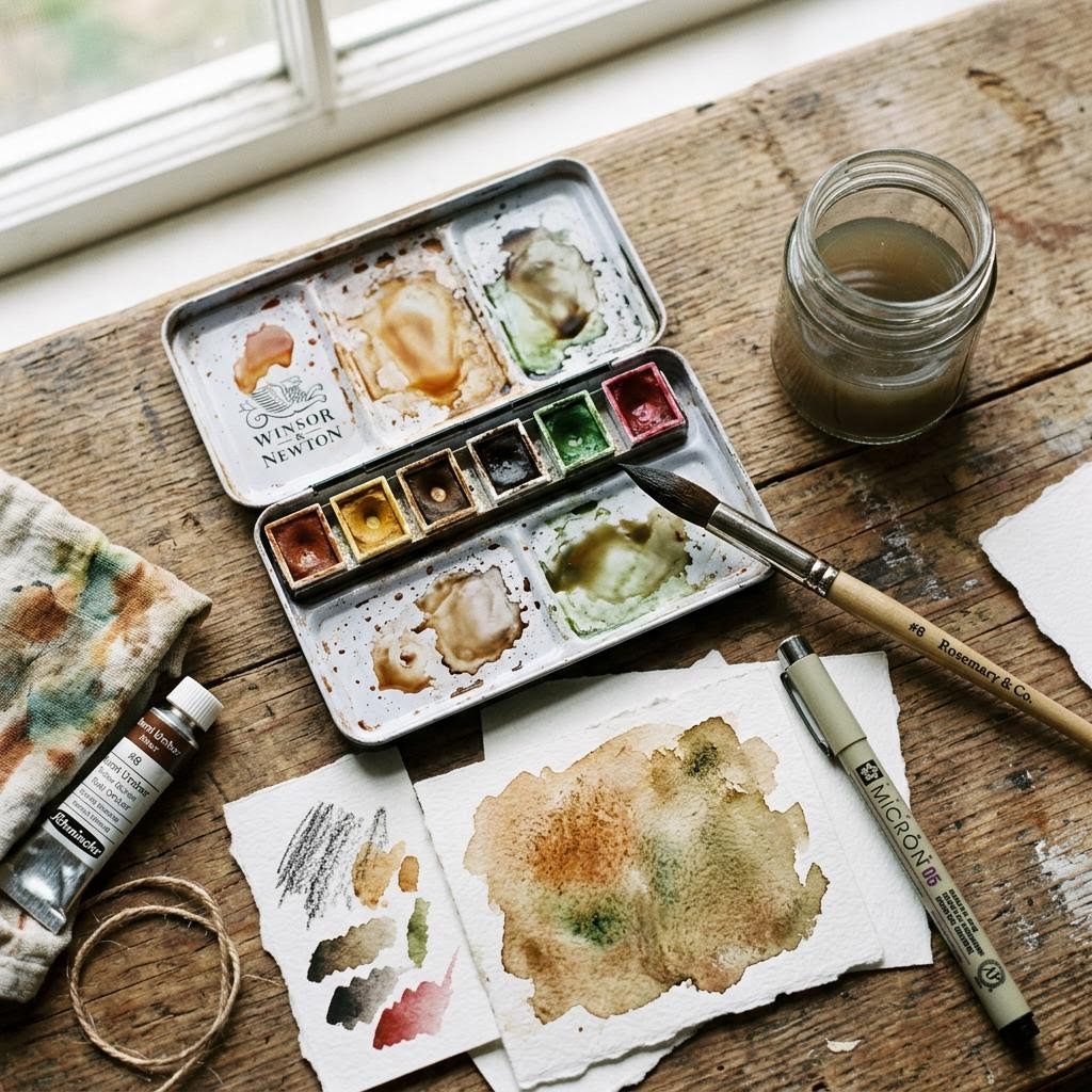 Акварельные краски, бумага и кисти